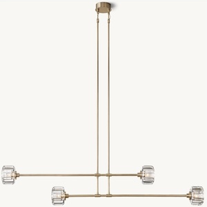 Contemporary Double Tier Rod Linear <b>Light</b> Satin Brass Frame Vertical Ribbed <b>Cube</b> Glass Pendant Lamp for Farmhouse Kitchen Island - Product Image 4