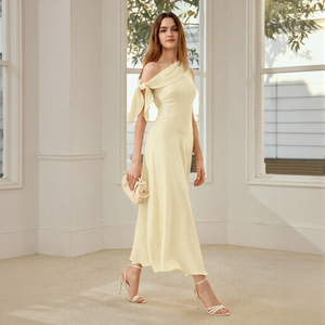 Robe décontractée unie <span class=keywords><strong>chic</strong></span> pour <span class=keywords><strong>femme</strong></span>, jaune pâle, col montant, avec détail nœud, jupe fluide, respirante, écologique, moulante, pour soirée - Product Image 4