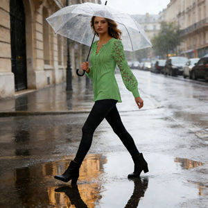 Women's Mint Light Green <b>Lace</b> Sleeve Sweet Crocheted Breathable Elegant V-Neck Button Front Casual Mid-length for <b>lady</b> tap - Product Image 2