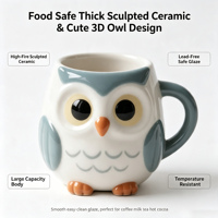 Vente en gros de tasses en céramique sculptées en 3D en forme de hibou, design animal mignon pour enfants et femmes, comme cadeau d'anniversaire et décoration pour la maison et le café