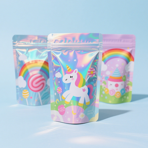 Impression numérique Preuve d'odeur Stand up Pochette à fermeture éclair Feuille d'aluminium de qualité alimentaire Bonbons holographiques Mylar Sacs à fermeture éclair - Product Image 4