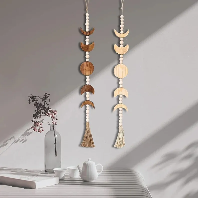 Boho Hand-woven Wood Tassel Beads Phase of The Moon Wall Hanging Art Aesthetic Home Decor Pendant