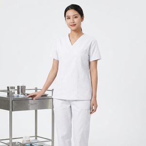 Blouses blanches pour femmes à col en V, en coton et polyester tissé, uniformes d'hôpital avec poches - Product Image 1