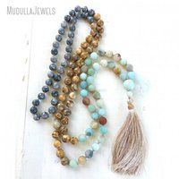 MN21302 Collier Mala 108 perles pour chant tribal, en Jaspe image et Amazonite, perles nouées à la main, pierre naturelle Map Stone, bijoux de yoga en gros