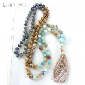 MN21302 Collier Mala 108 perles pour chant tribal, en Jaspe image et Amazonite, perles nouées à la main, pierre naturelle Map Stone, bijoux de yoga en gros - Product Image 2