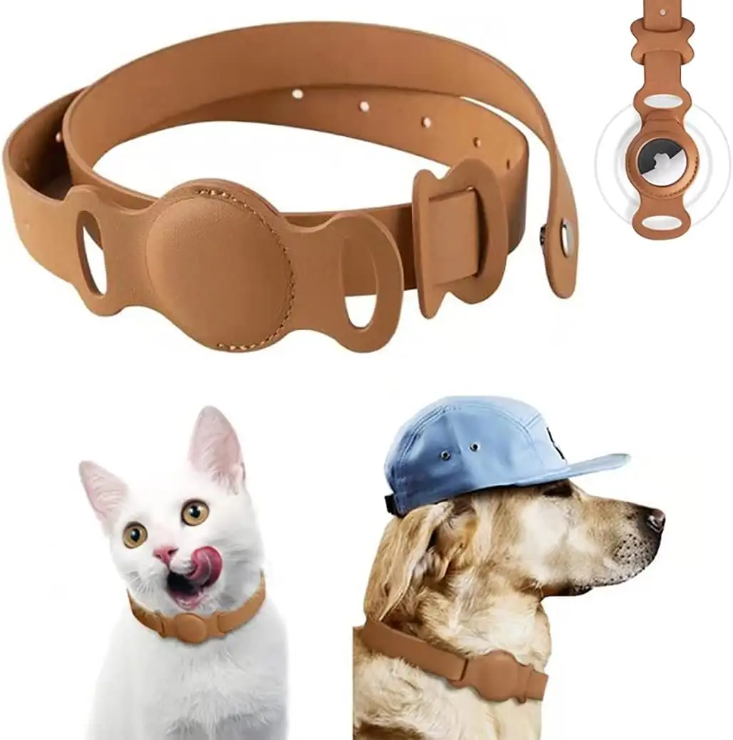 Kalung Kulit Hewan Peliharaan Terintegrasi dengan Apple Air Tag Tracker Case Holder untuk Anjing/Kucing Aksesori Personalisasi Kasar Estetika