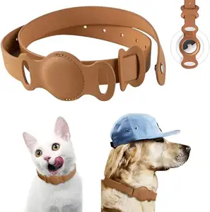 Leather Pet Collar Integrated with Apple Air Tag Tracker Case Holder for Dog/Cat Personalized Accessories Rugged Aesthetic