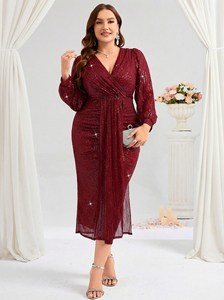 Robe de soirée moulante à sequins, col en V profond et manches longues, pour femmes européennes grandes tailles, idéale comme tenue de demoiselle d'honneur. - Product Image 2