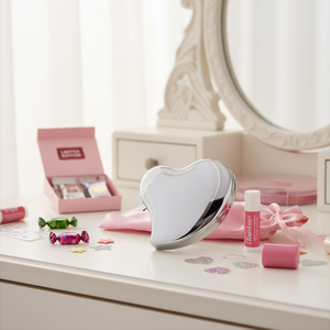 Specchio Cosmetico Cromato Pieghevole 2x Ingrandimento, Portatile, Doppio Lato, Design a Cuore Arrotondato per Promozioni - Product Image 3