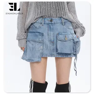 LARSUR Custom denim factory women y2k washed short denim cargo mini skirt baggy micro mini jeans skirt for ladies