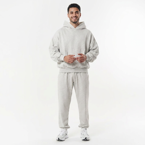 Ensemble de survêtement personnalisé coupe ample gris chiné léger en molleton de coton surdimensionné pour homme, sweat à capuche et jogging deux pièces - Product Image 1