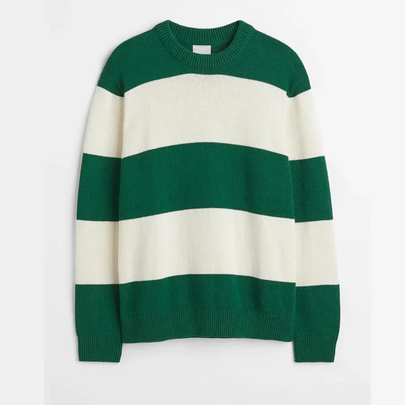custom sweater manufacturer fashion crew neck fine knit cotton men's sweaters pullover green white striped sweater men