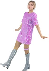 Abito Mini da Donna Taglie Forti con Scollo <span class=keywords><strong>a</strong></span> O, Paillettes Scintillanti, Antistatico, Vita Impero, Mezza Manica, Casual, Vestibilità Ampia, con <span class=keywords><strong>Calze</strong></span> <span class=keywords><strong>a</strong></span> <span class=keywords><strong>Rete</strong></span> Carine - Product Image 6