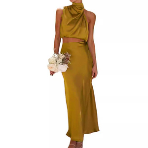 New Spring Summer Satin Solid Short Slim Casual Women's Dresses Two Piece Sets with Pleated Stand Collar - Product Image 5