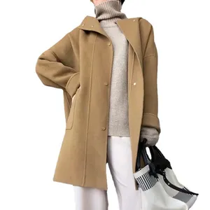 Handmade warm real cashmere oversized camel women's winter 2022 wool coat with hat for ladies women