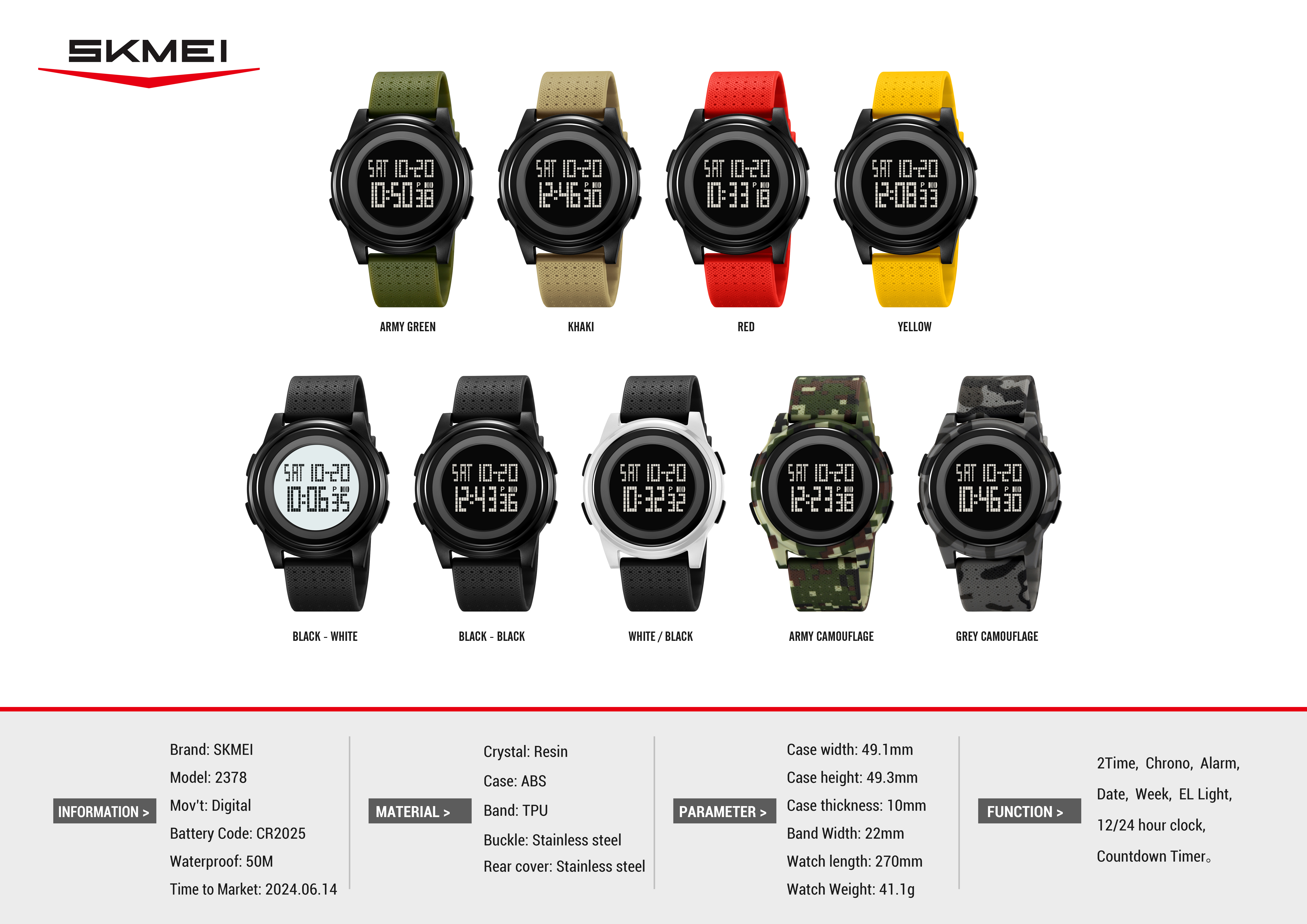 Skmei 2378 Digital Sport Watch Countdown Timer Relojes