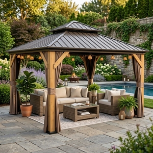 Gazebo de jardin en métal à double toit de qualité supérieure, finition bois, gazebo de patio en <span class=keywords><strong>aluminium</strong></span> avec rideau d'intimité - Product Image 1