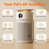 Purificateur d'air pour animaux de compagnie OEM, filtre HEPA H13, désinfection UVC, entrée d'air turbo, contrôle WiFi, faible bruit, pour chiens et chats