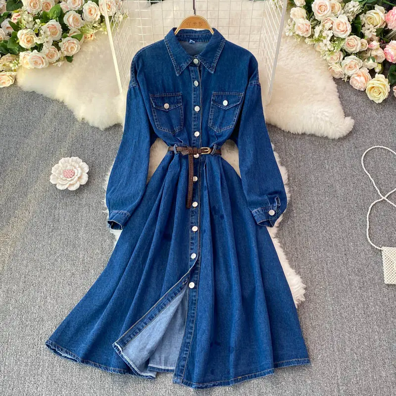 Vestido jeans vintage estilo francês, vestido de primavera e outono, moderno, comprimento médio, manga comprida, ocasional transpassado