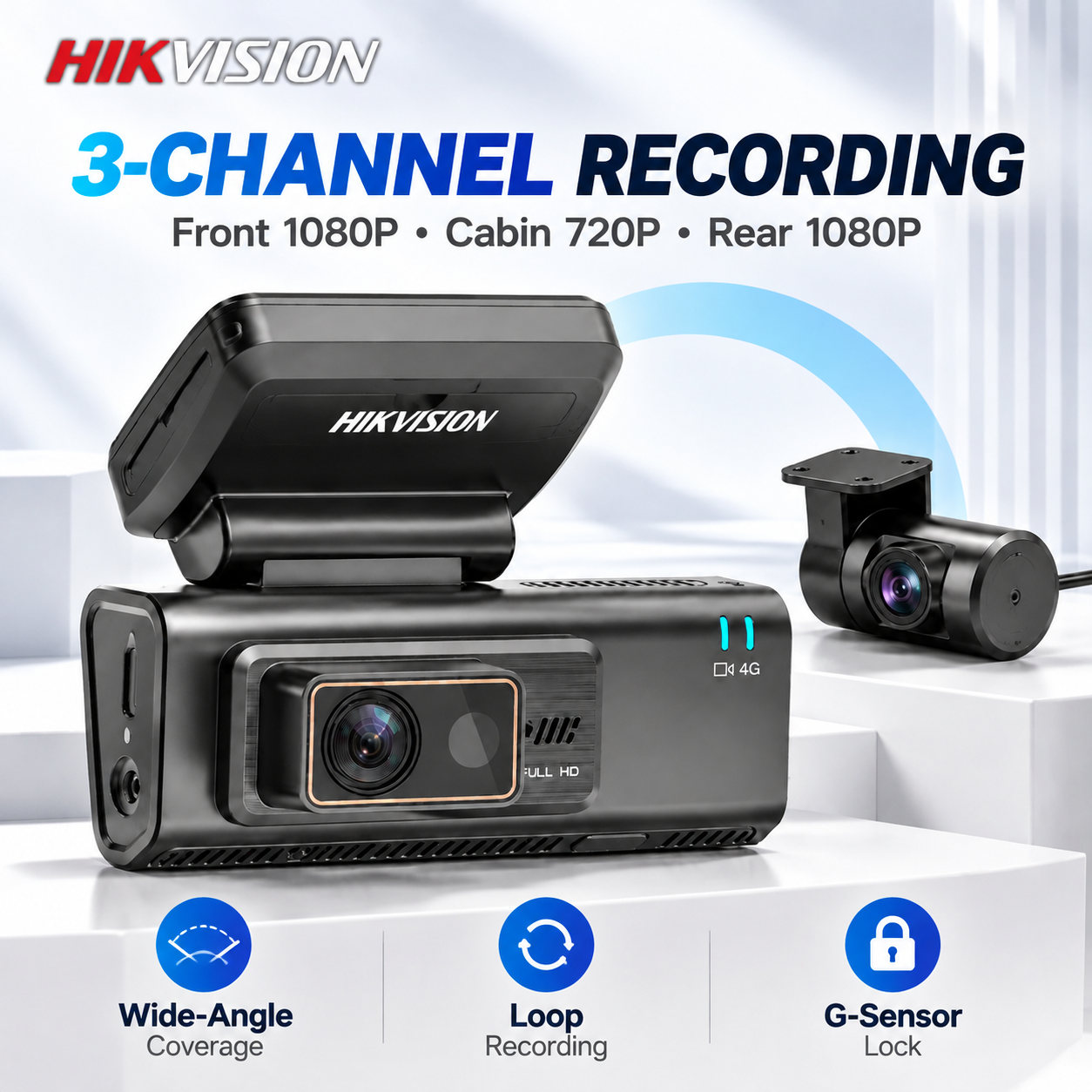 Hikvision 3 Channel Video Recorder Car DVR Dash Cam 1080P+720P+1080P Built-in 4G GPS WiFi App Control 3 Channel Dash Cam · image 1