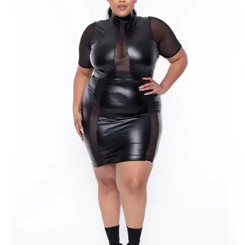pu leather women dress plus size step skirt sexy package hip dresses black 720064