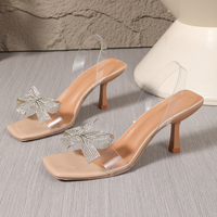 Nouvelles sandales élégantes à talons hauts pour femme, avec petit bout carré en métal, talon aiguille, bride cheville et nœud, 8 cm – Collection Printemps-Été-Automne-Hiver