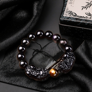 Armband aus Natürlichem Obsidian mit Doppel-Pixiu und Tigerauge-Steinen als Krönendem Abschluss - Product Image 6
