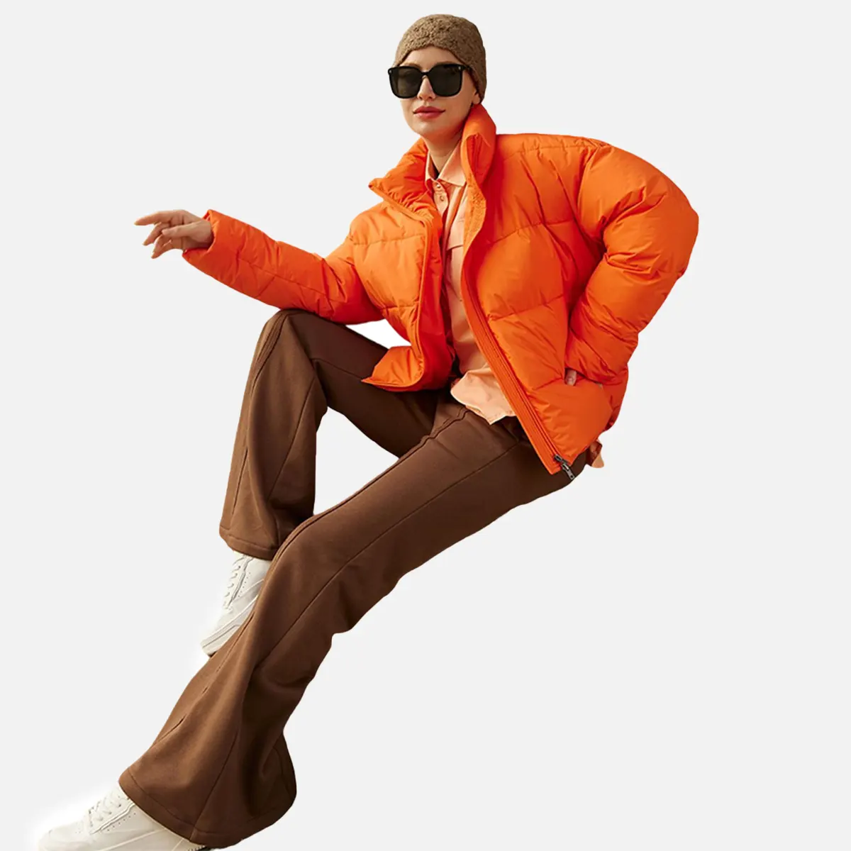女性のための新しい特別なデザインの女性の暖かいオレンジのジップ織り女性カスタム冬パッド入りジャケット