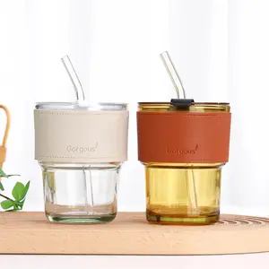 Оптовые портативные цветные стаканы для питья, индивидуальный логотип, многоразовые соломенные стеклянные кофейные чашки