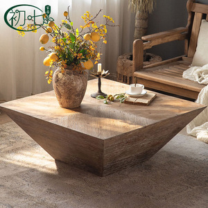 Mesa de centro cuadrada estilo Wabi Sabi de madera maciza, diseño rústico para sala de estar, mesa de té minimalista nórdica - Product Image 3