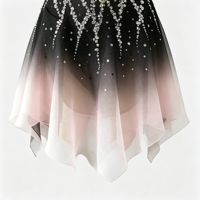Costume de patinage artistique noir et rose ombré avec manches à volants, dos en V profond en maille et jupe ornée de strass pour enfants et filles, idéal pour les spectacles