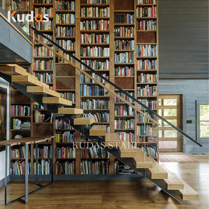<span class=keywords><strong>Escalier</strong></span> flottant à faisceau unique rampe en verre à marches en bois escaliers Mono Stringer personnalisables pour l'intérieur de <span class=keywords><strong>bibliothèque</strong></span> de maison de luxe - Product Image 2