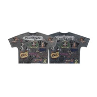 T-shirt vintage Lawfoo en coton respirant, coupe ample, imprimé intégral style dessin animé américain, effet vieilli, manches courtes
