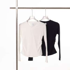 RUICHI Kaos Wanita Model Kerut Pinggang V-Neck Lengan Panjang 230g Baju Dasar dengan Lipatan Pinggang Atasan Sederhana Serbaguna - Product Image 4