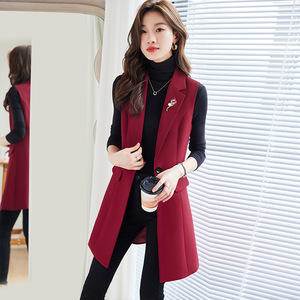 Women's Mid Length Slim Fit Suit Vest Burgundy Solid Color Polyester Worsted Fabric Spring Autumn Wear - Product Image 4