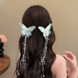 Fashionable Sweet Girl Fabric Hair Accessories Mesh Butterfly Pearl Rice Bead Tassel Hairpin Duckbill <b>Clip</b> Carton Packaging - Product Image 3
