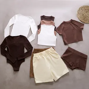 2022 New Arrivals Solid Color Ribbed Knit Bodysuit Tracksuits Crop Top Joggers Shorts Set Jumpsuit 2 Piece Pants Set for Woman