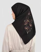Voile brodé floral pour femmes musulmanes, couleur unie, bordure spéciale, foulard carré, taille personnalisée, motif logo