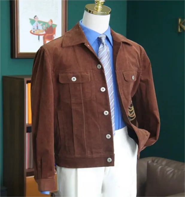 Giacca di velluto a coste leggera personalizzata da uomo cappotto di vestibilità normale Casual autunnale ricamato in tinta unita