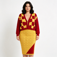 Ensemble coordonné en maille bicolore OEM pour femmes rondes : Cardigan court et jupe crayon assortie