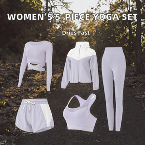 Ensemble de yoga 2 pièces pour femme, violet uni, comprenant un haut court à manches longues avec capuche, un legging, un short, une brassière de sport à séchage rapide, dos nageur et taille haute, effet froissé - Product Image 2