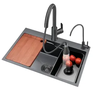 Fregadero de cocina de acero inoxidable negro tazón individual con grifo extraíble 304 ranura única