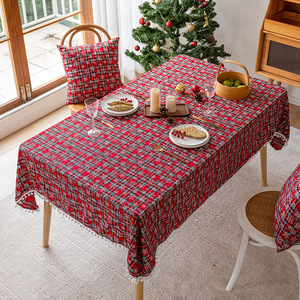 Christmas Red Plaid <b>Tablecloth</b> Printed Snowflake Pattern Polyester <b>Washable</b> Home Decor Rectangle Shape - Product Image 4