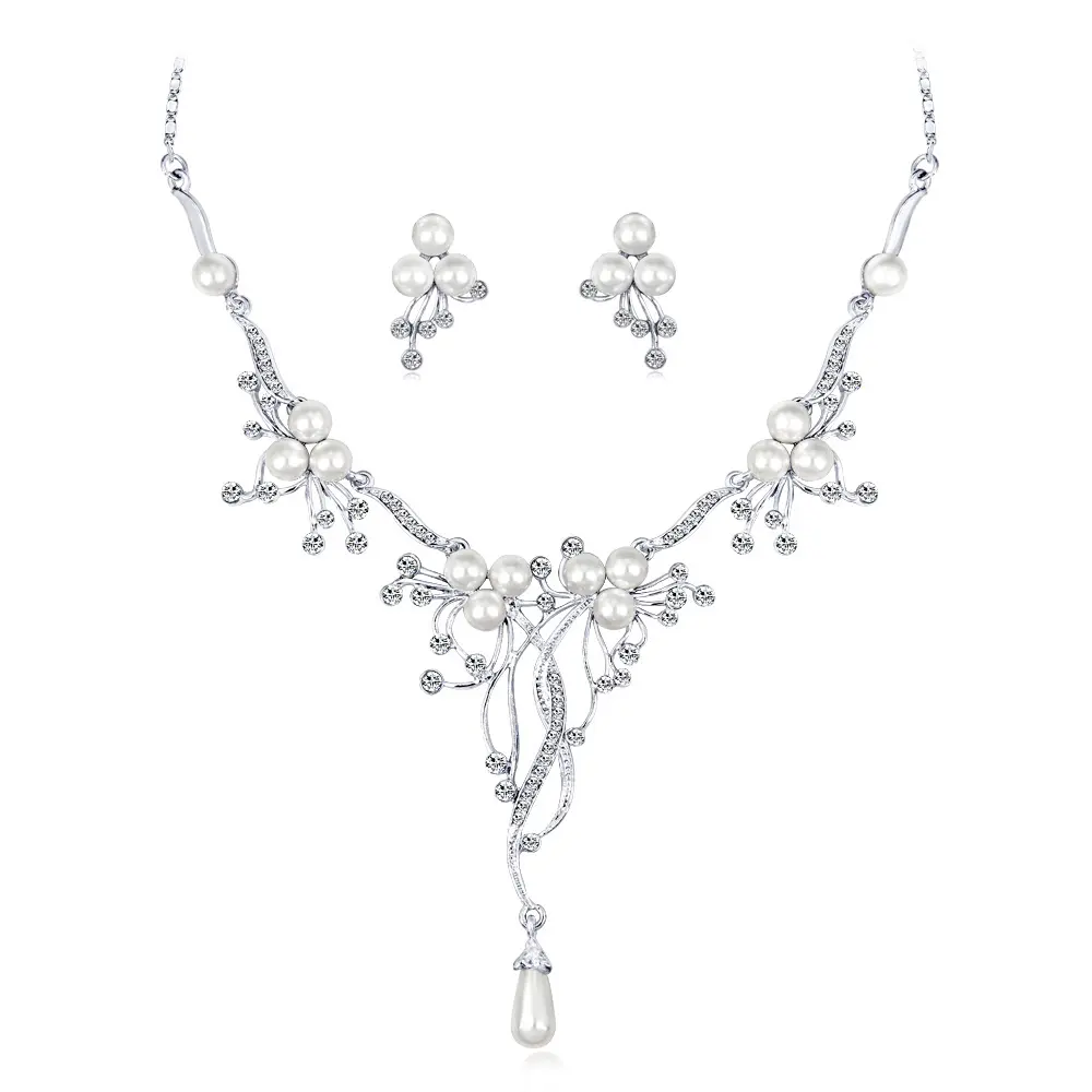 Hot Sale Pearl Fashion Rhinestone Wedding Matching Necklace Earring Set For Multiple Piercings