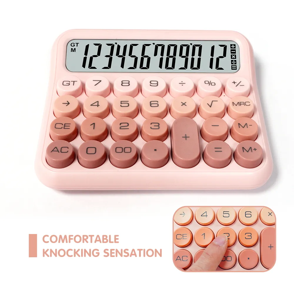 New Mechanical Switch Calculator Pink Electronic Calculator Cute 12 Digit Large LCD Display Buttons Calculator Large LCD Display