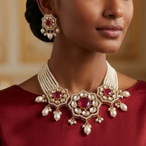 Collar choker tradicional de plata 92.5 con perlas y rubíes, diseño Kundan, joyería nupcial para mujer, estilo étnico. - Product Image 4