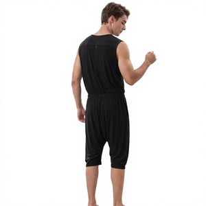 Combinaison sans manches unisexe à col rond, noire unie, respirante, 100% coton, shorts longueur genou, fermetures éclair, vêtements de sport simples, coupe adulte - Product Image 5