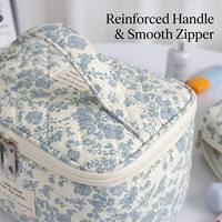 Set Tas Kosmetik Katun Quilted Motif Bunga Vintage Gaya Korea dengan Logo Custom, 3 Pcs, Organizer Perlengkapan Mandi untuk Perjalanan Wanita