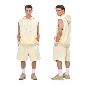 Men Solid French Terry Breathable Summer Casual Raw Hem Hooded Boxy Baggy <b>Sleeveless</b> Athletic Cropped <b>Hoodies</b> - Product Image 2
