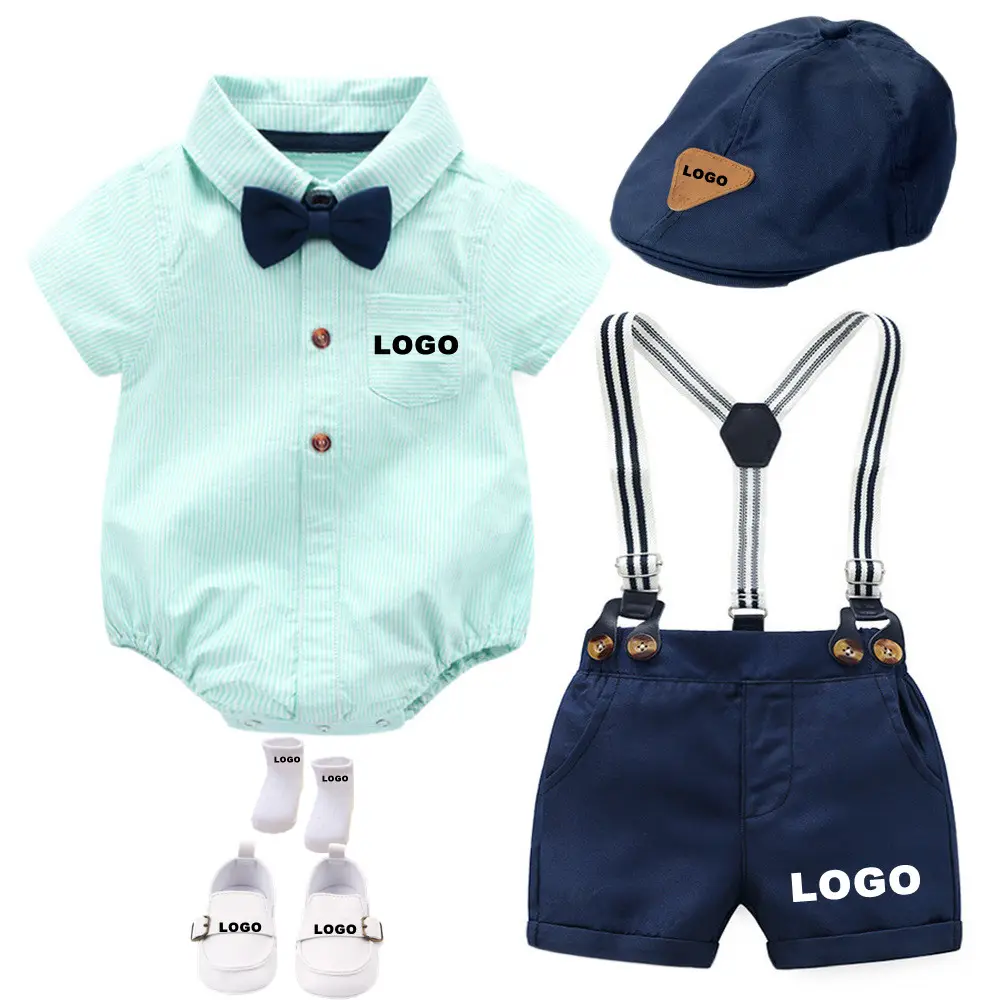 Baby Boy Summer Bows+Overalls Shorts+Hats+Sock+Shoes 6 Pieces Clothes Set Toddler Blue Gentlemen Romper Outfit Custom Logo